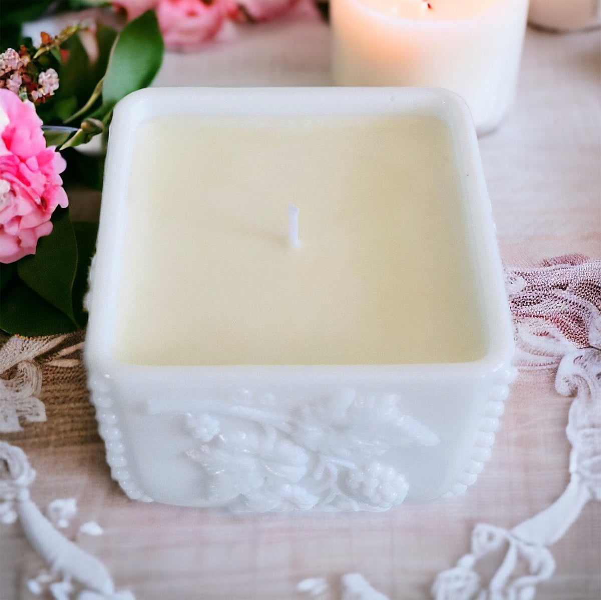 Lavender Vanilla Soy Candle in Vintage Milk Glass - Elegant Wedding Gift