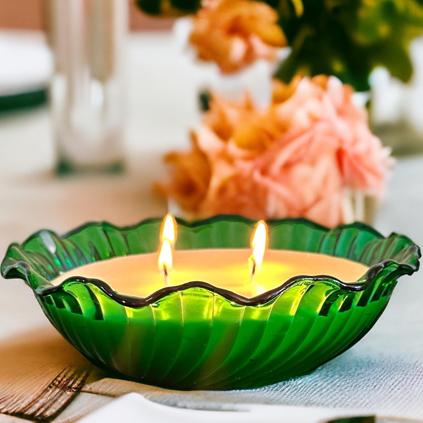 Cypress & Bayberry Soy Candle in Vintage Green Glass Bowl