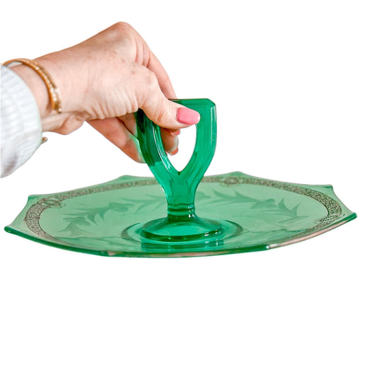 Vintage Green Depression Glass Serving Tray with Handle, Garden Party Decor, Housewarming Gift