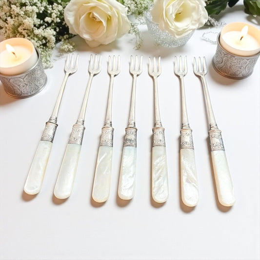 Antique Pearl Handled Seafood Forks, Landers, Frary & Clark Cocktail Forks, 1900's