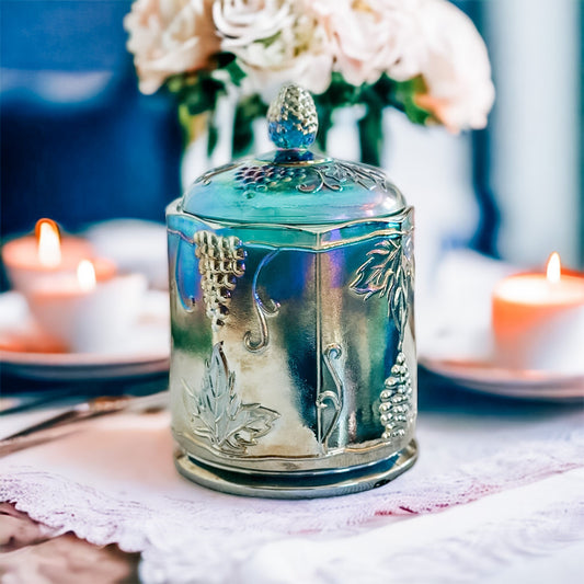 Customizable Vintage Candle in Carnival Glass Candy Jar