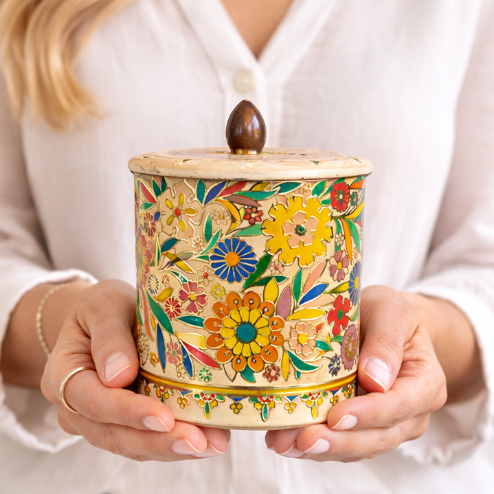 Person holding a colorful floral-patterned candle jar