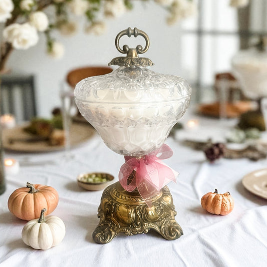 Scented Soy Candle in Vintage Hollywood Regency Glass Pedestal Dish – 1960s Glam