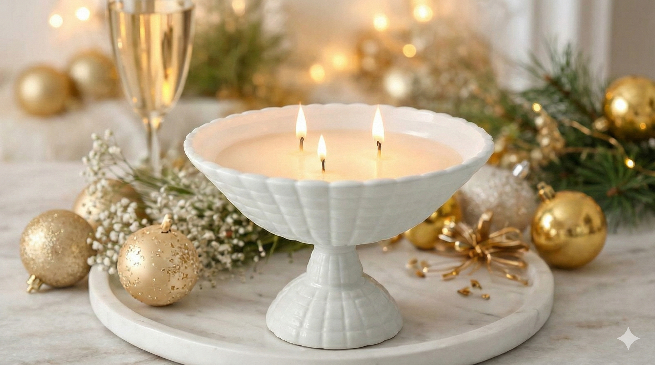 Decorative candle in a white holder with Christmas ornaments and a glass of champagne on a wooden table.