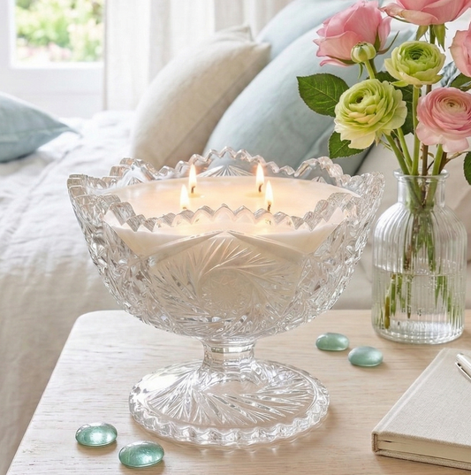 Grapefruit & Mint Scented Candle | Vintage Glass Compote Decor