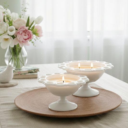 Decorative setting with white candles in decorative holders on a wooden tray, flowers in the background.