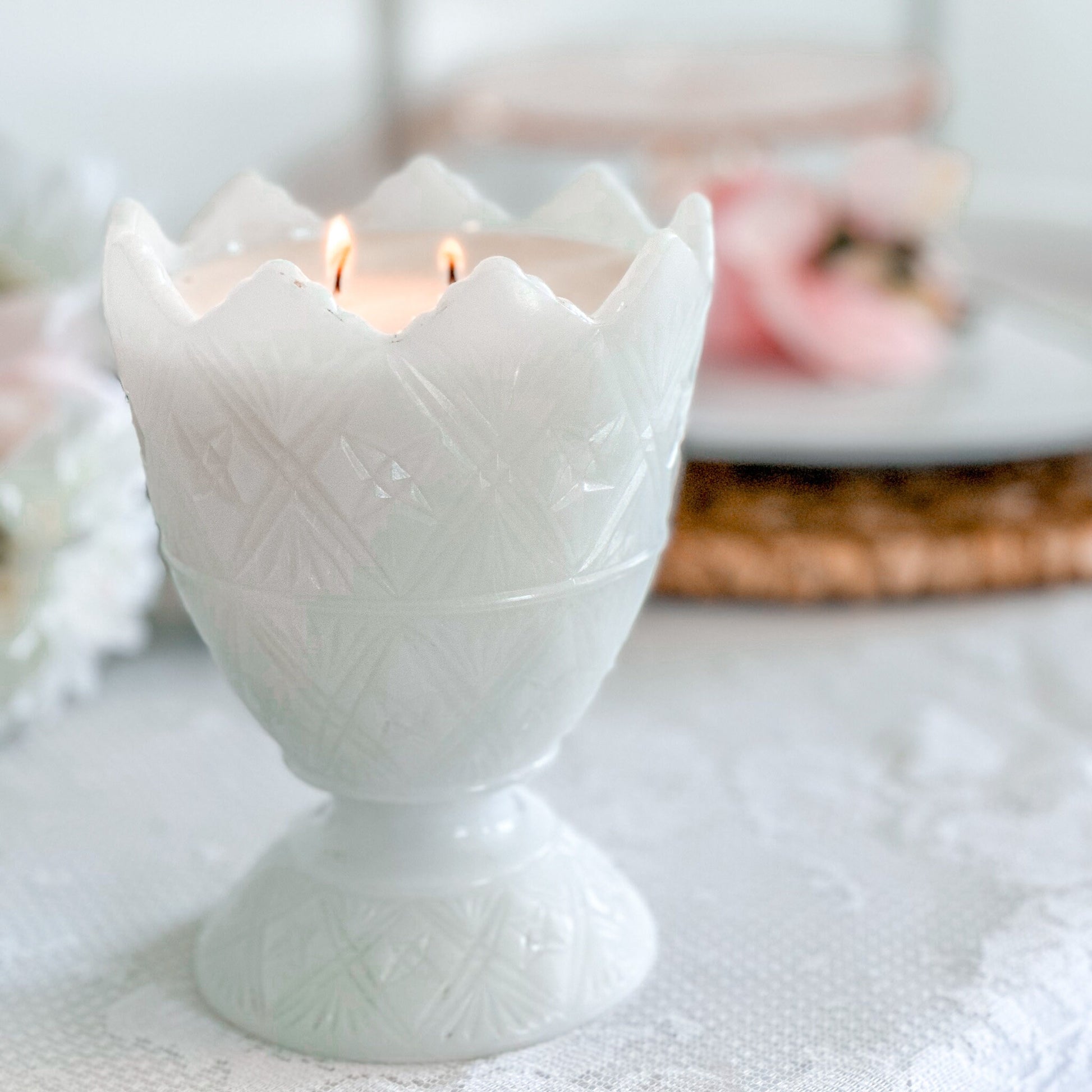 Hand-Poured Candle in Vintage Milk Glass Planter