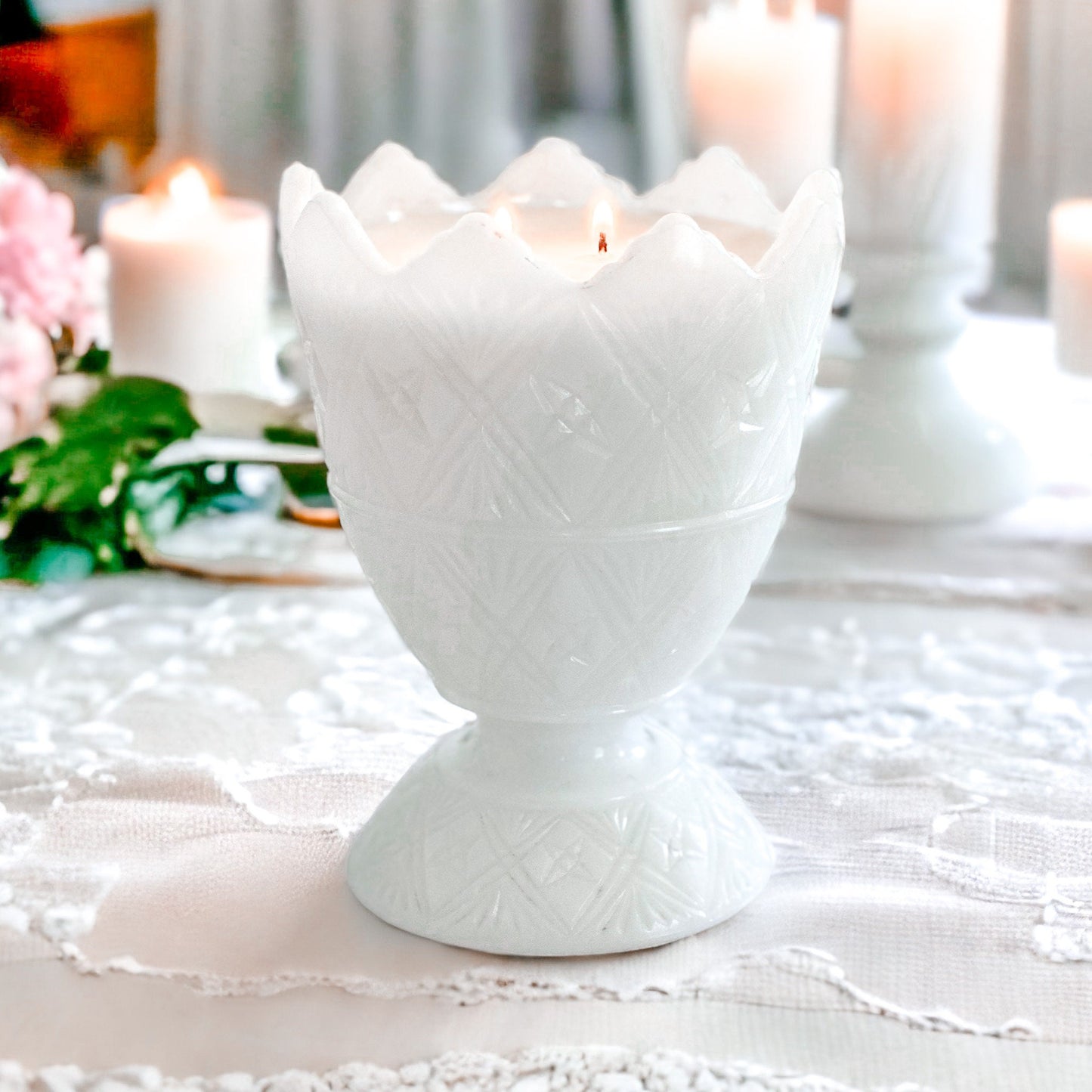Hand-Poured Candle in Vintage Milk Glass Planter