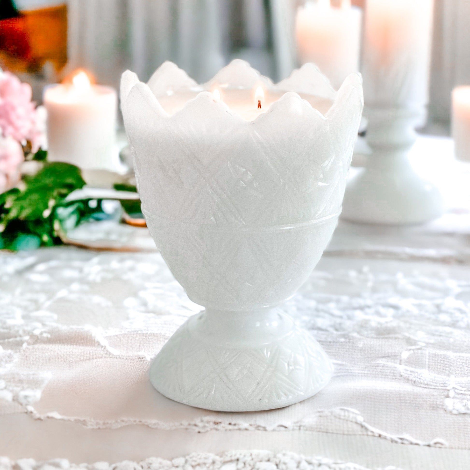 Hand-Poured Candle in Vintage Milk Glass Planter