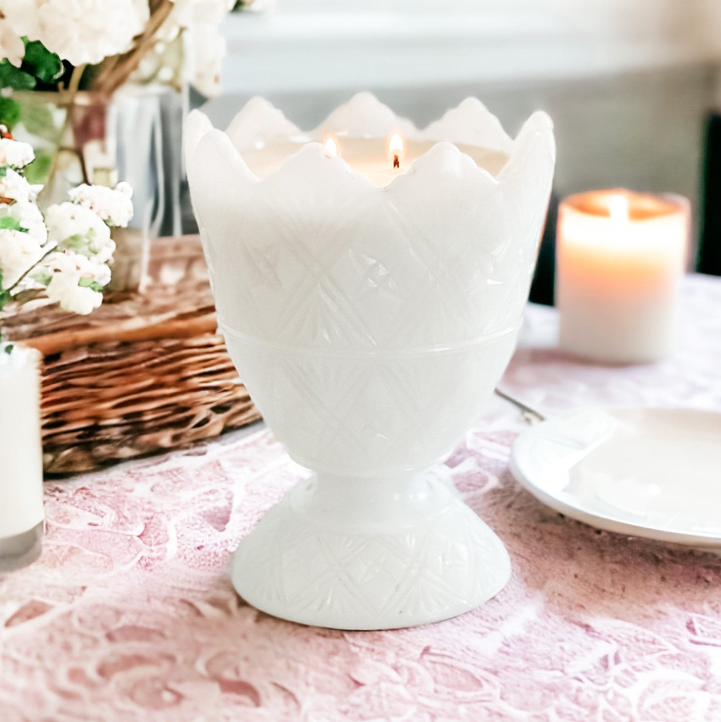 Hand-Poured Candle in Vintage Milk Glass Planter