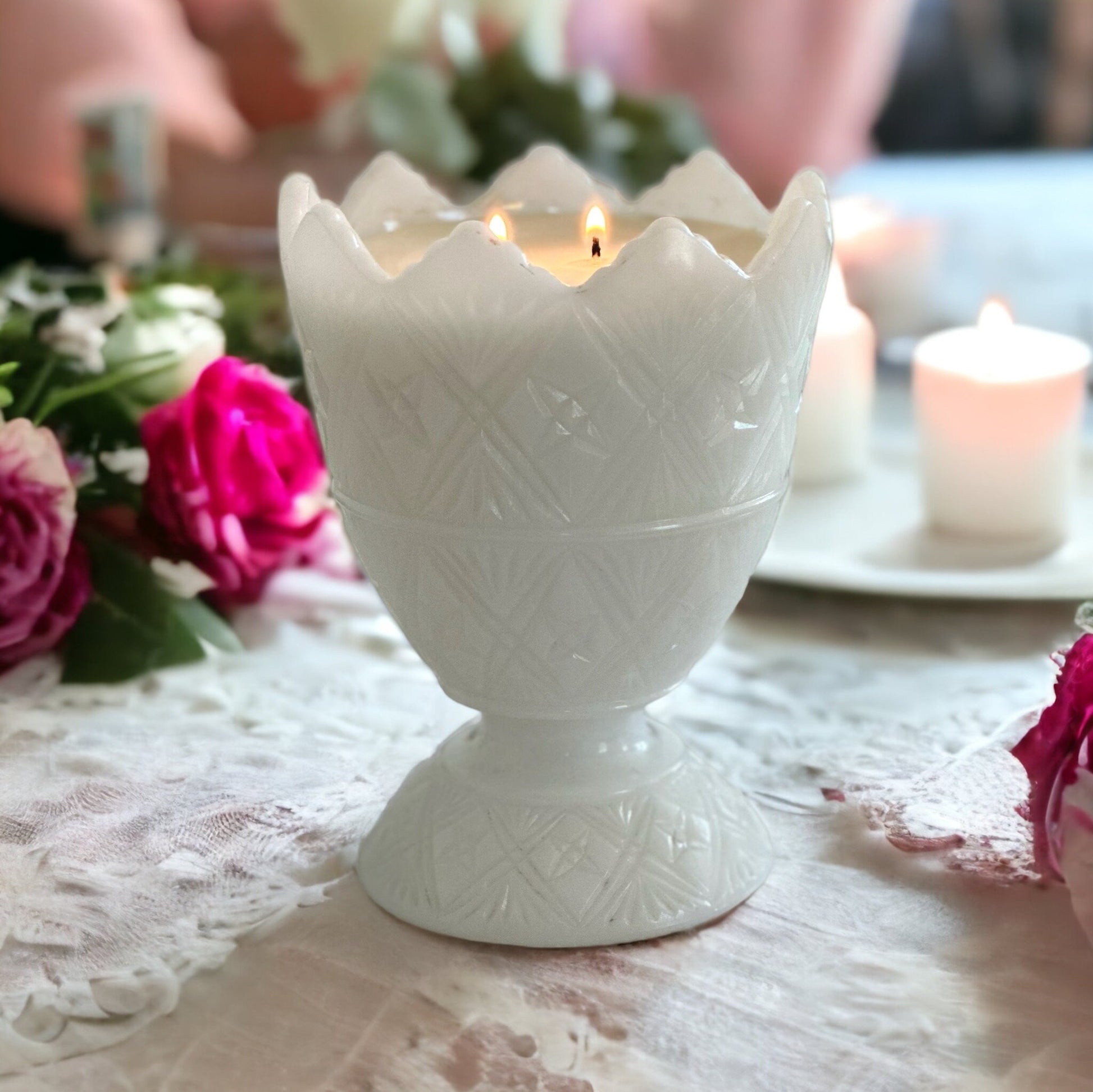 Hand-Poured Candle in Vintage Milk Glass Planter