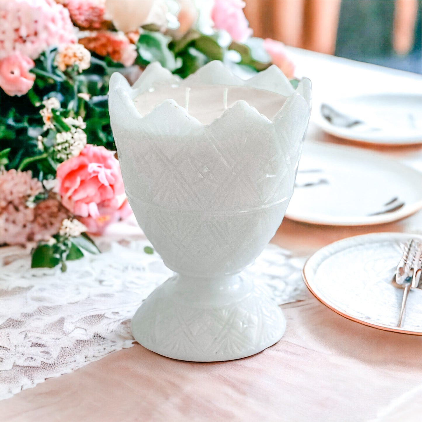 Hand-Poured Candle in Vintage Milk Glass Planter