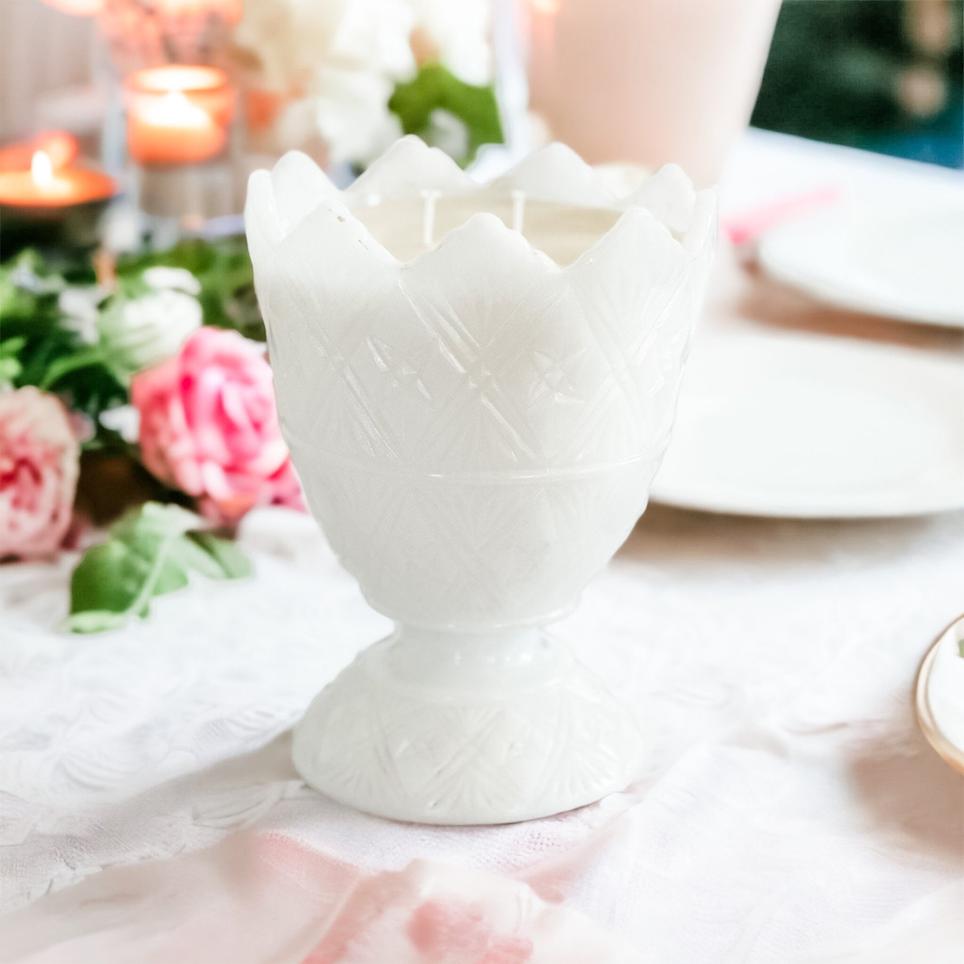 Hand-Poured Candle in Vintage Milk Glass Planter