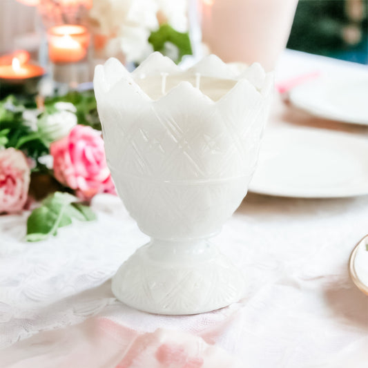Hand-Poured Candle in Vintage Milk Glass Planter