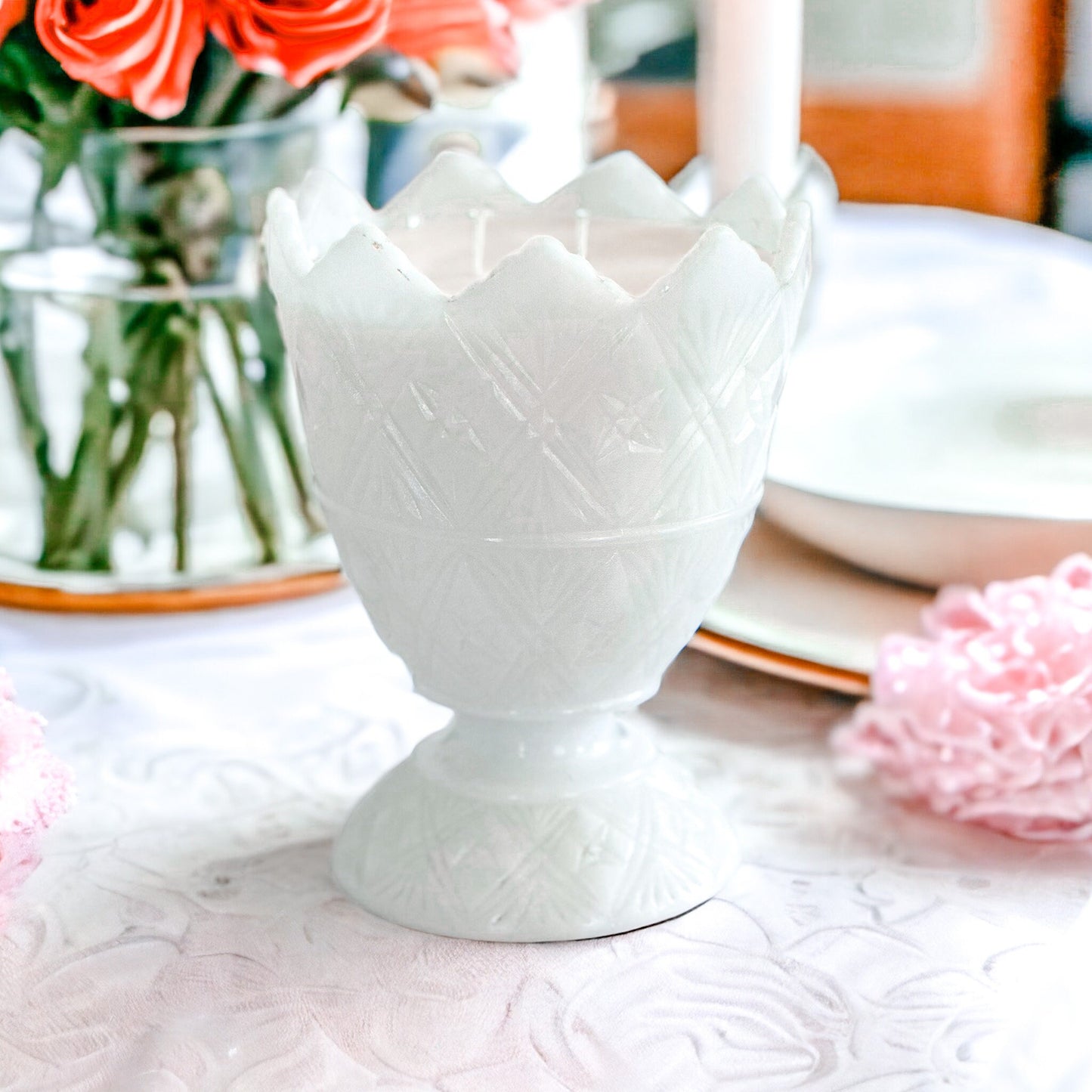 Hand-Poured Candle in Vintage Milk Glass Planter