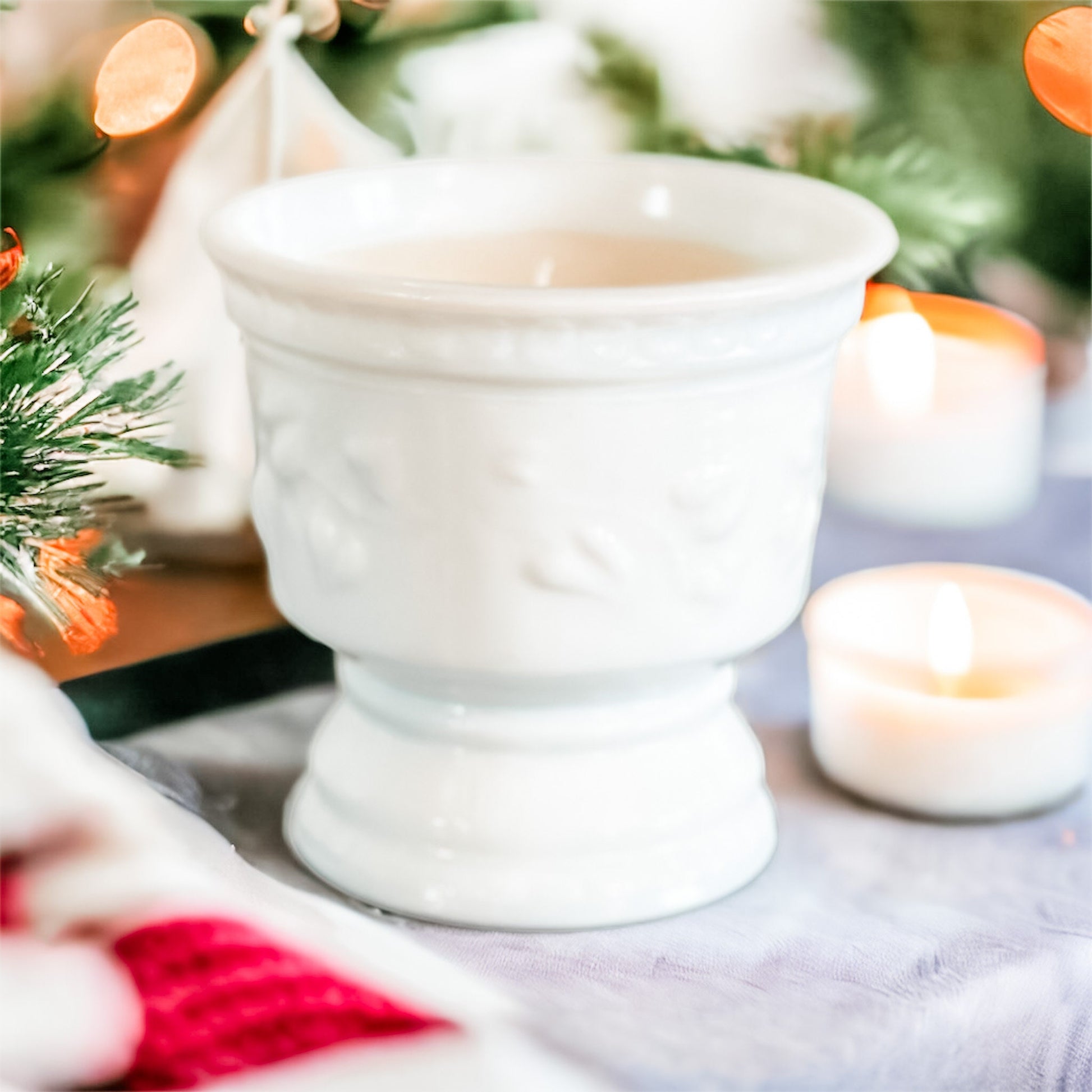 Candlelit Christmas Classics Gift Set – Vintage Milk Glass Candle, Antique Whittier Book