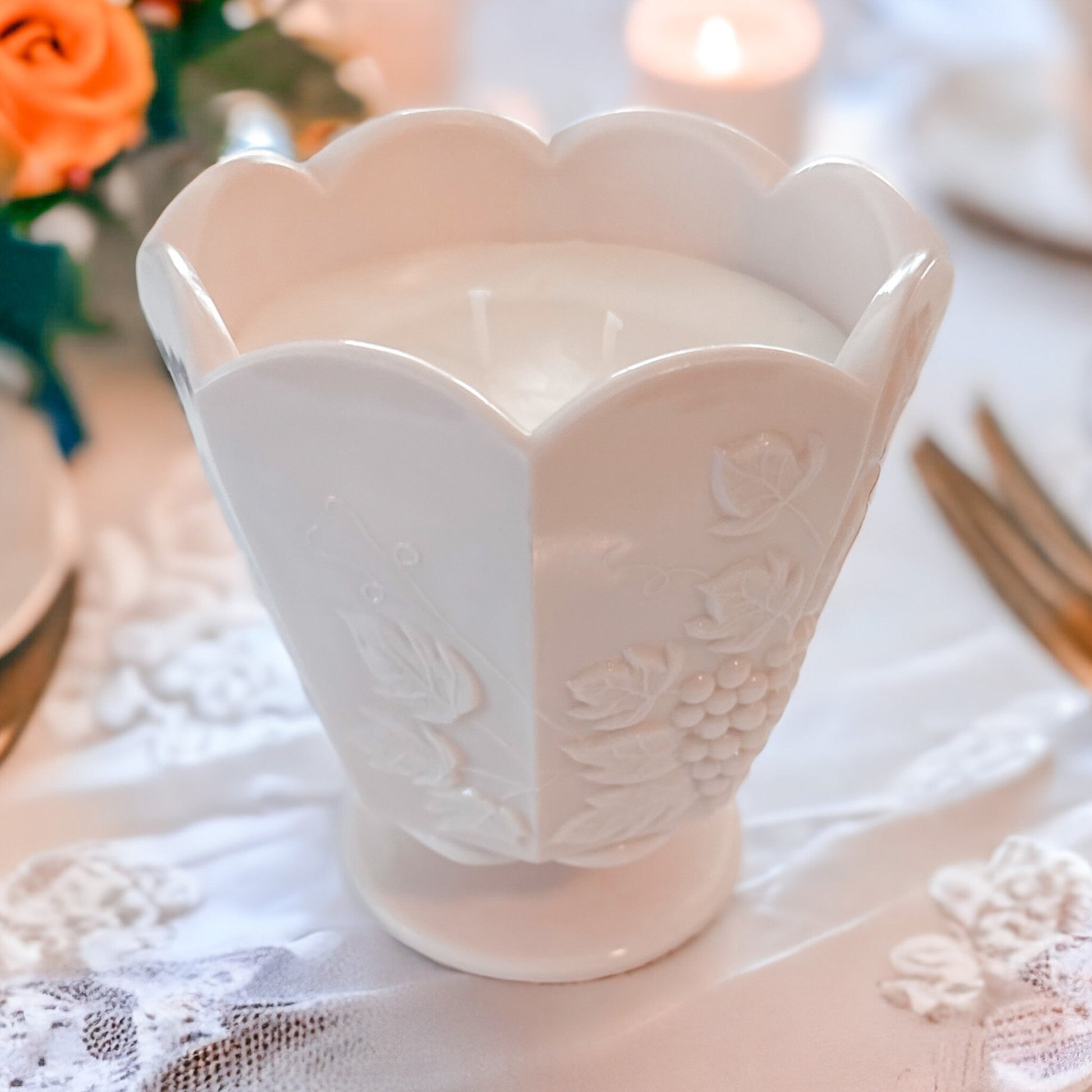 Vintage Pink Milk Glass Candle | Lavender Vanilla & Moonflower Scents