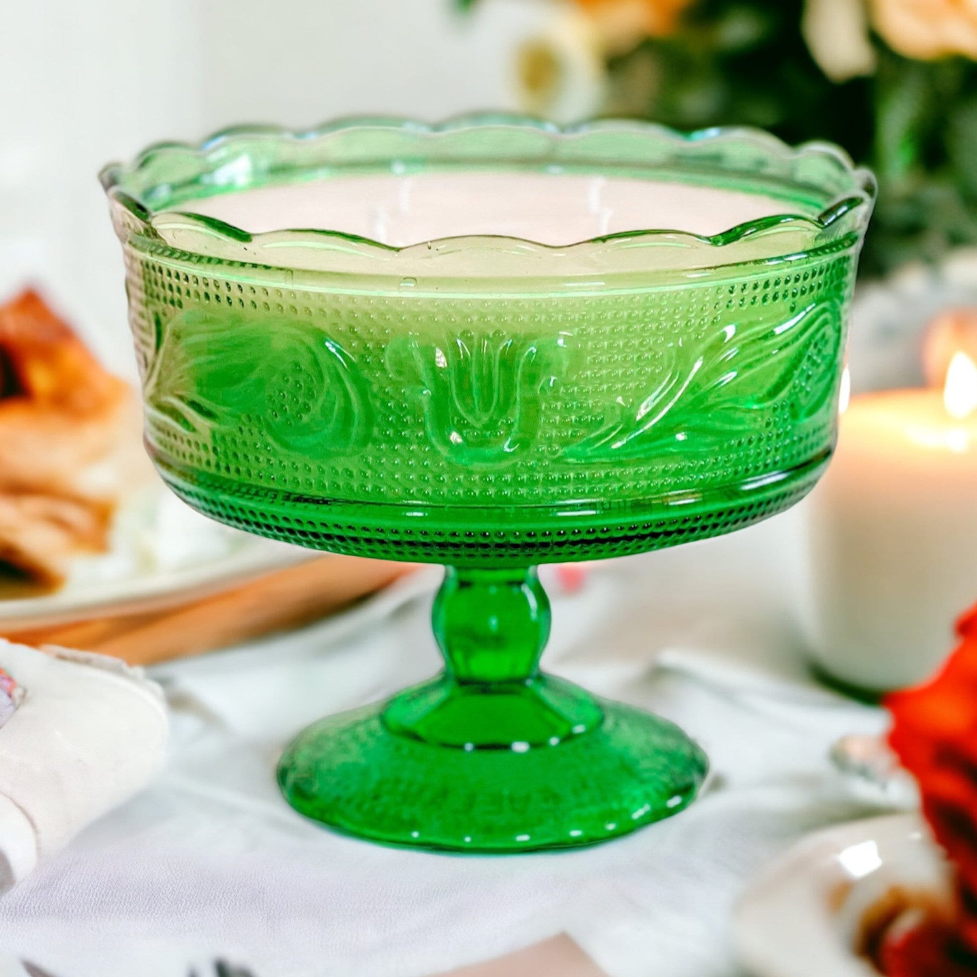 Vintage Green Glass Candle, Black Currant Birthday Gift for Her