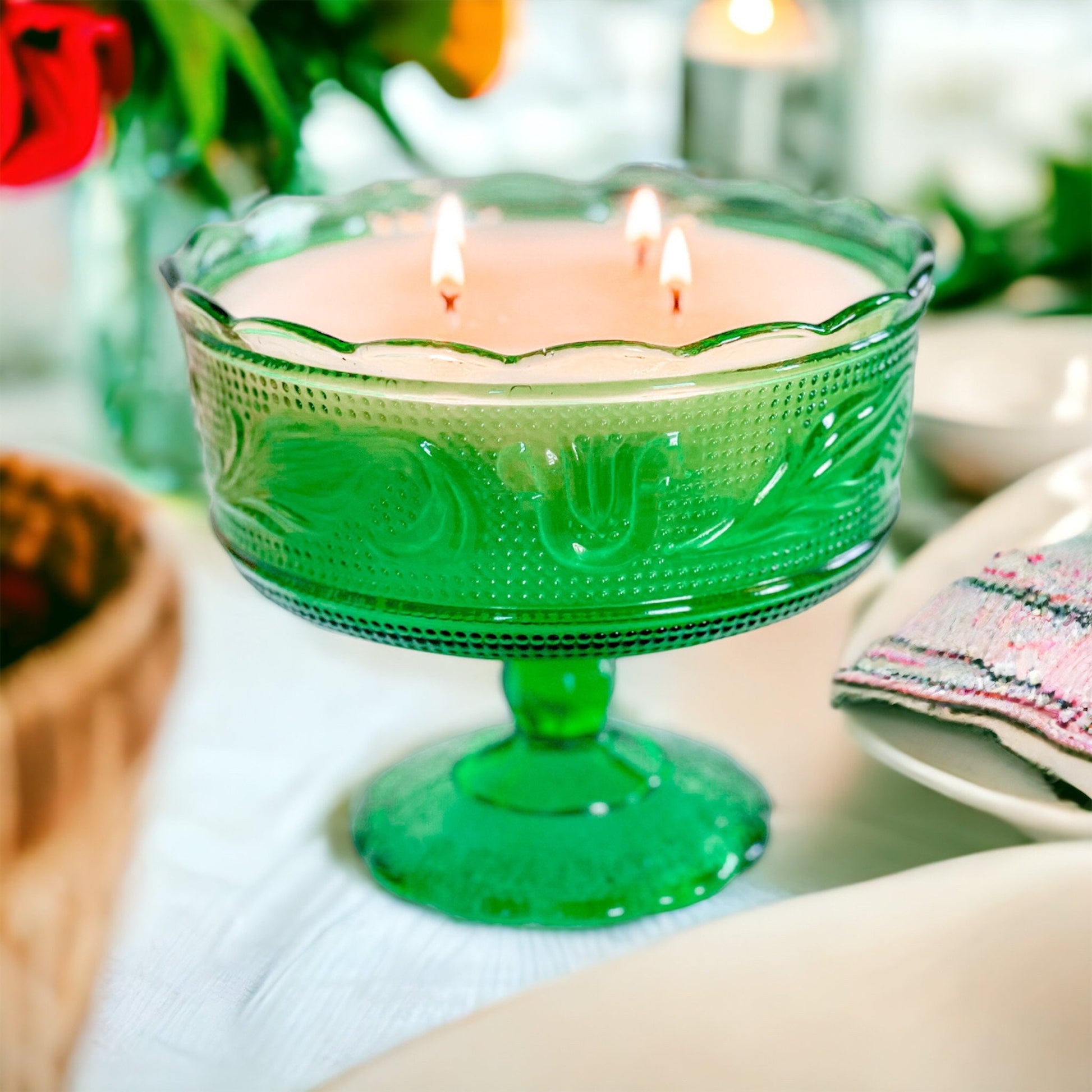 Vintage Green Glass Candle, Black Currant Birthday Gift for Her