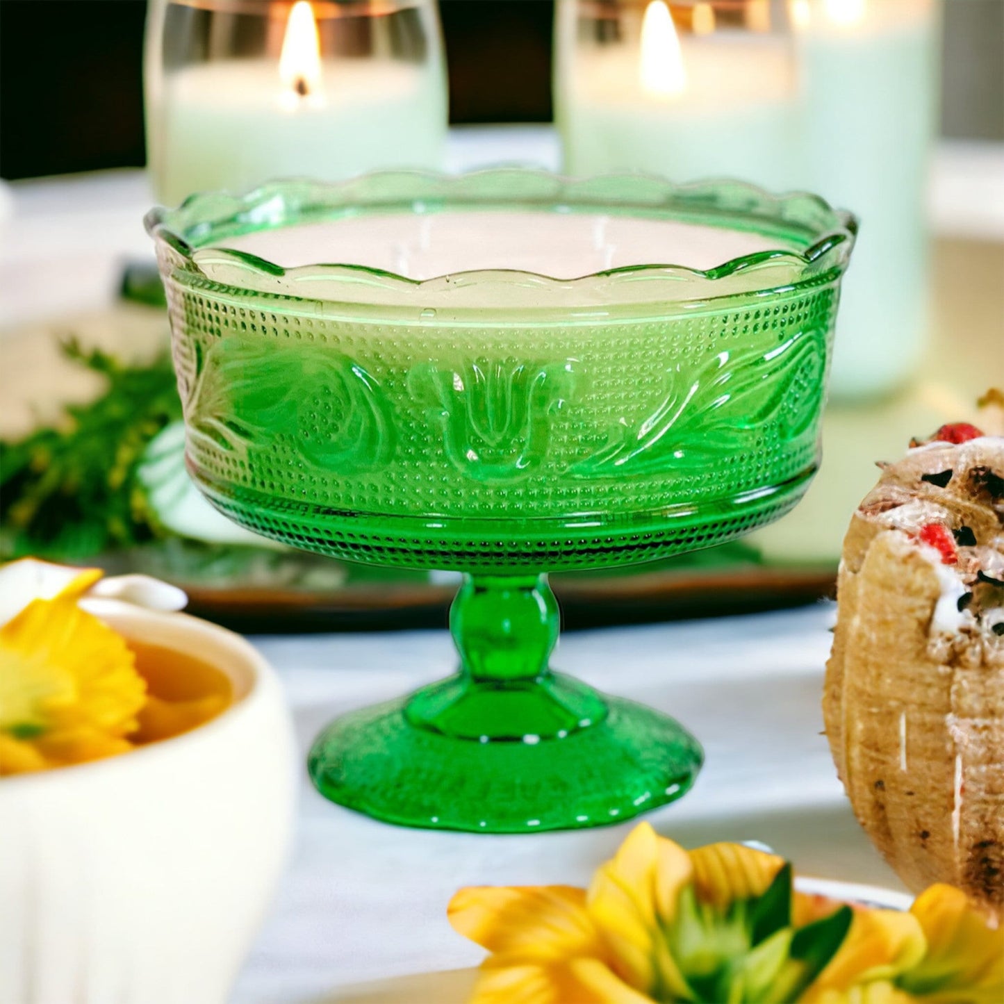 Vintage Green Glass Candle, Black Currant Birthday Gift for Her