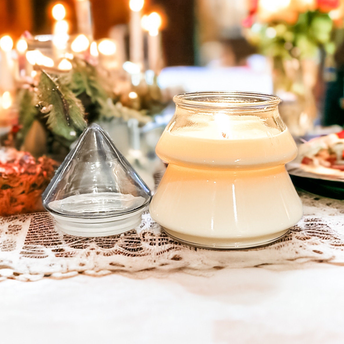 Soy Candle in Vintage Glass Christmas Tree Jar, Holiday Candle, Christmas Gift Décor