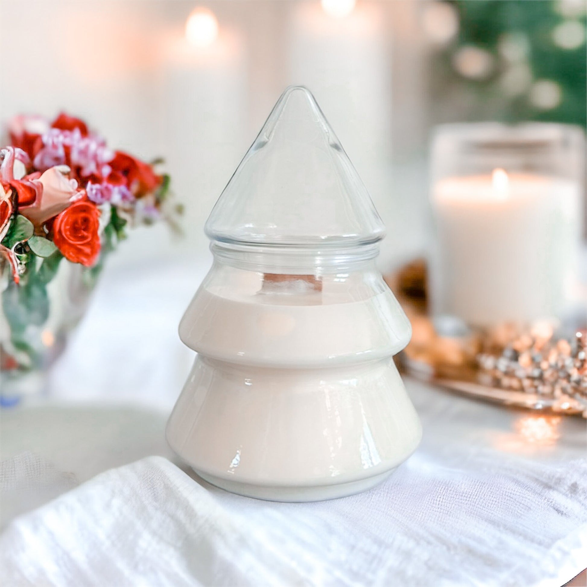 Soy Candle in Vintage Glass Christmas Tree Jar, Holiday Candle, Christmas Gift Décor