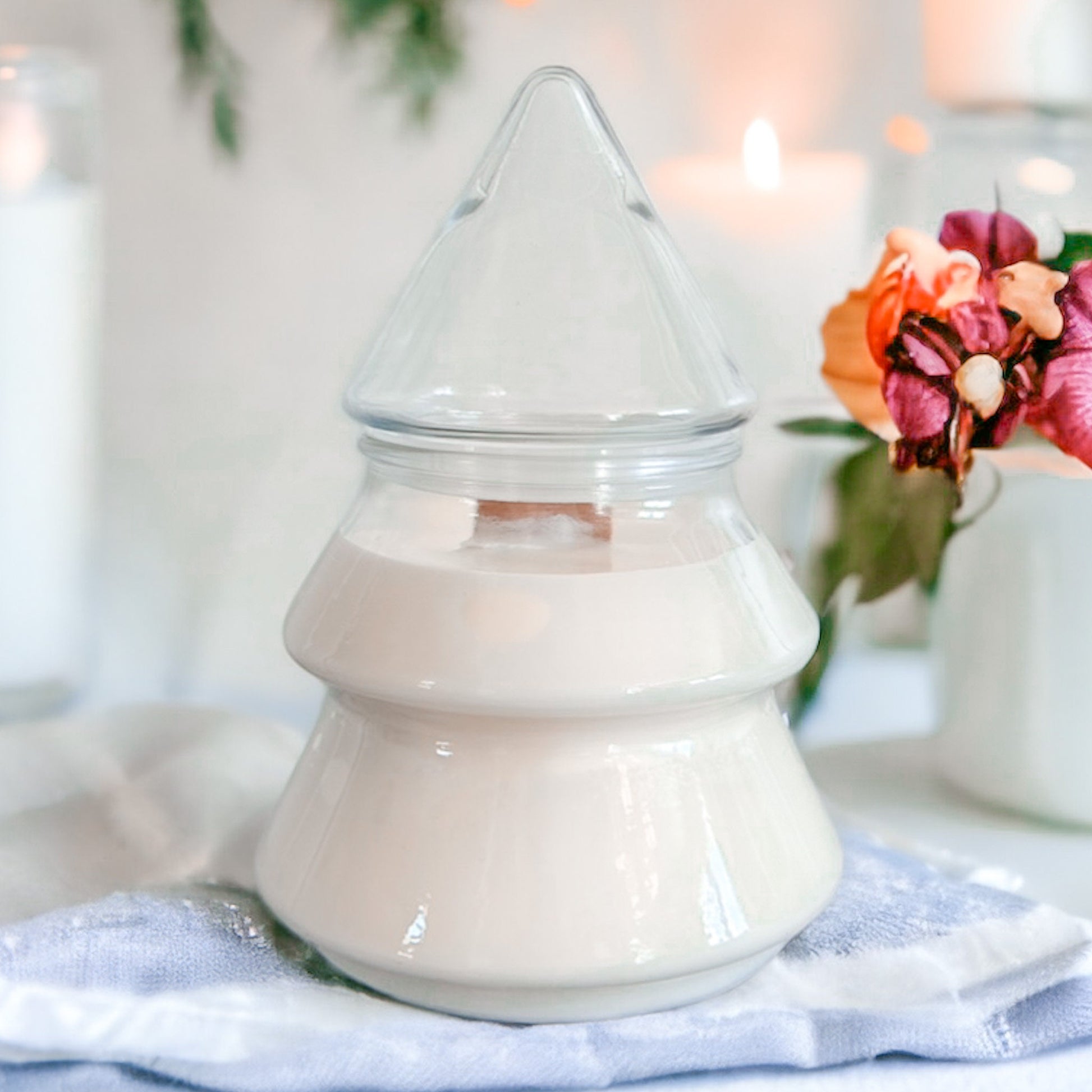 Soy Candle in Vintage Glass Christmas Tree Jar, Holiday Candle, Christmas Gift Décor