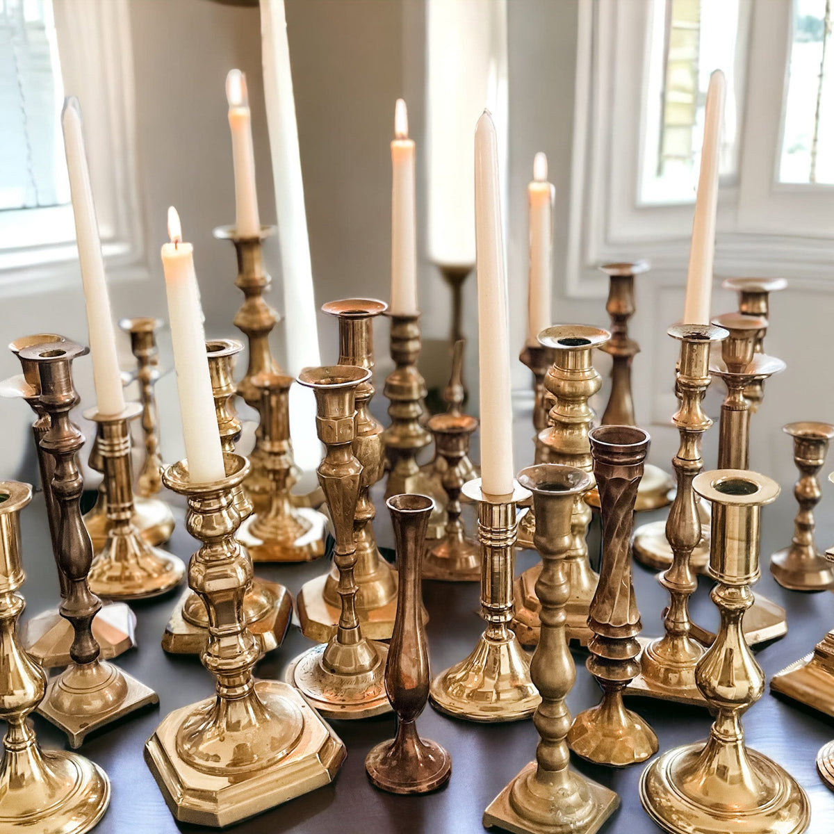 Mismatched Brass Candlesticks, Vintage Candle Holders, Holiday Table Decor