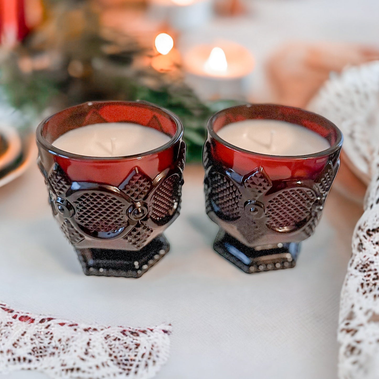 Soy Candles in Vintage Ruby Footed Tumblers, Holiday Candles, Unique Gift, Vintage Christmas Décor