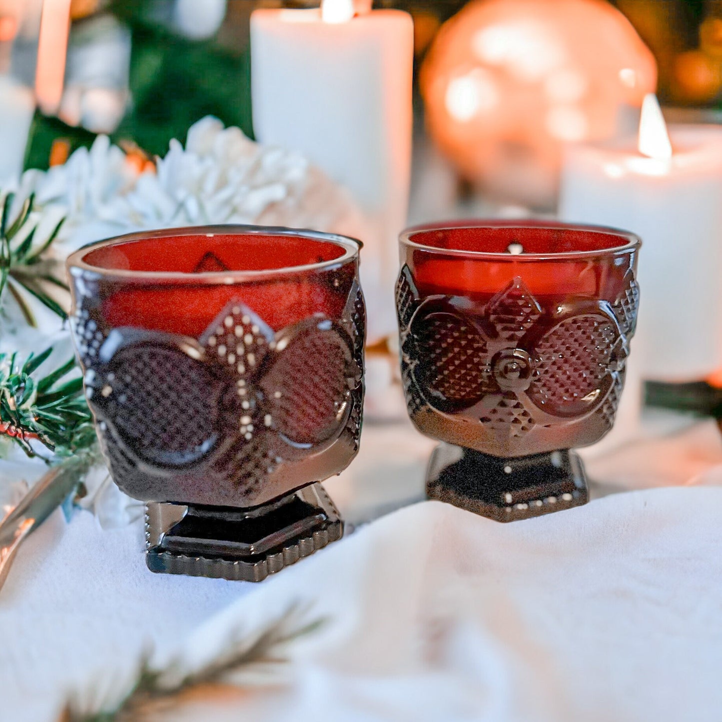 Soy Candles in Vintage Ruby Footed Tumblers, Holiday Candles, Unique Gift, Vintage Christmas Décor