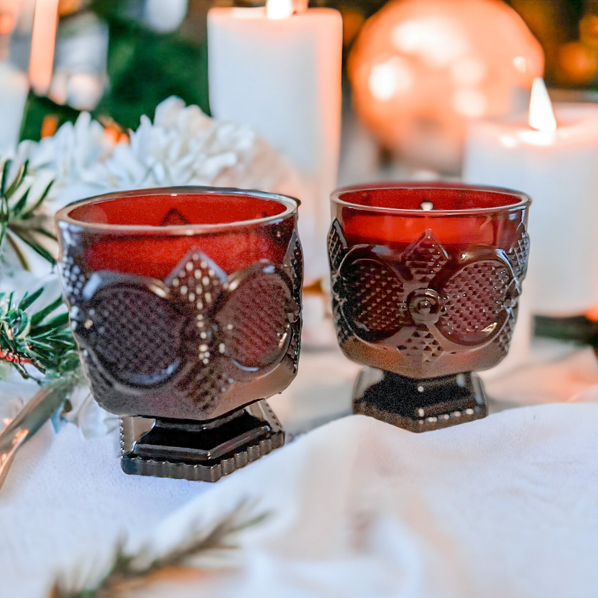 Soy Candles in Vintage Ruby Footed Tumblers, Holiday Candles, Unique Gift, Vintage Christmas Décor