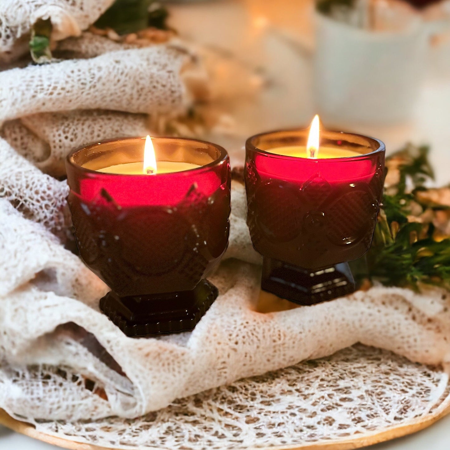 Soy Candles in Vintage Ruby Footed Tumblers, Holiday Candles, Unique Gift, Vintage Christmas Décor