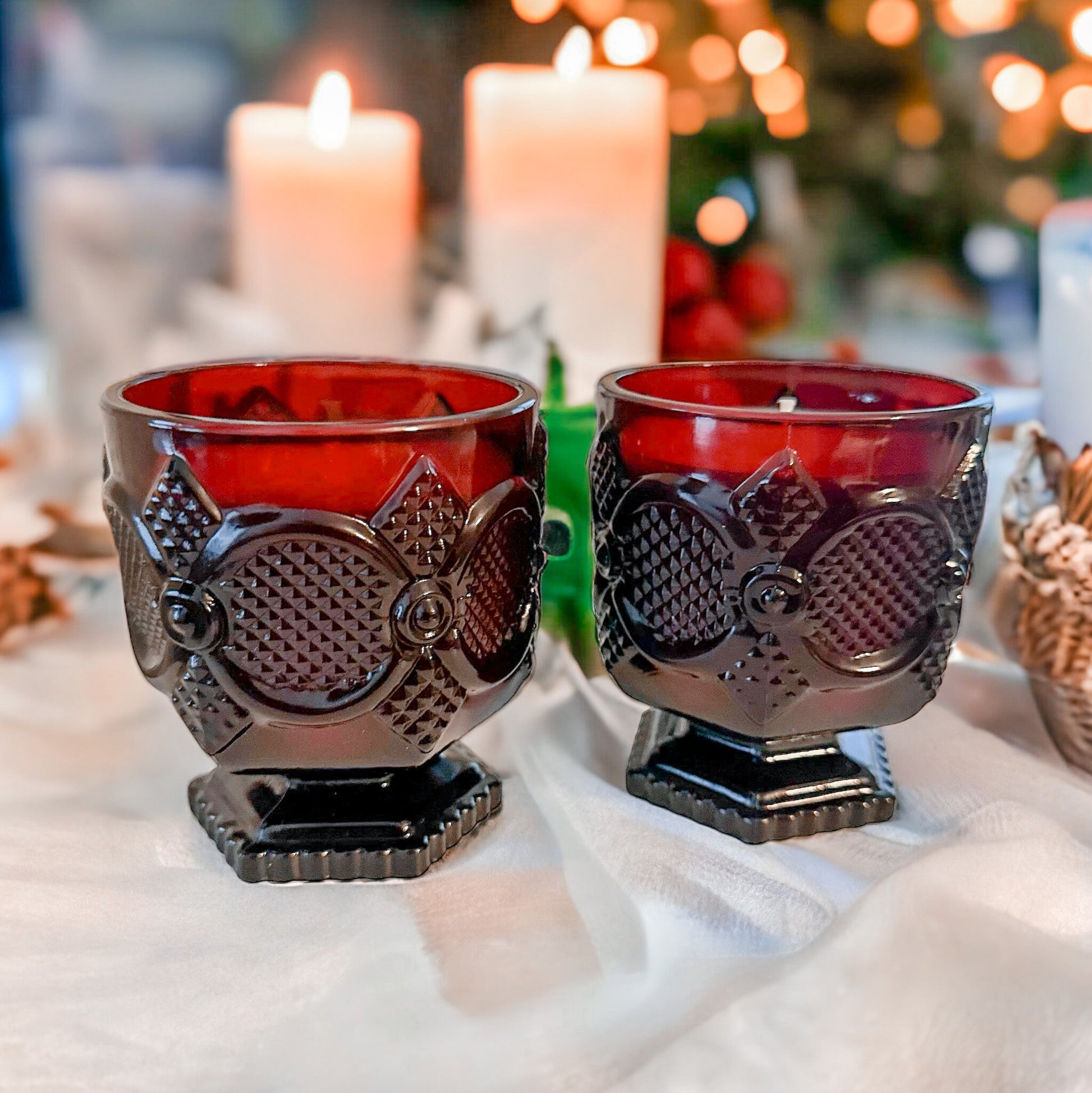 Soy Candles in Vintage Ruby Footed Tumblers, Holiday Candles, Unique Gift, Vintage Christmas Décor
