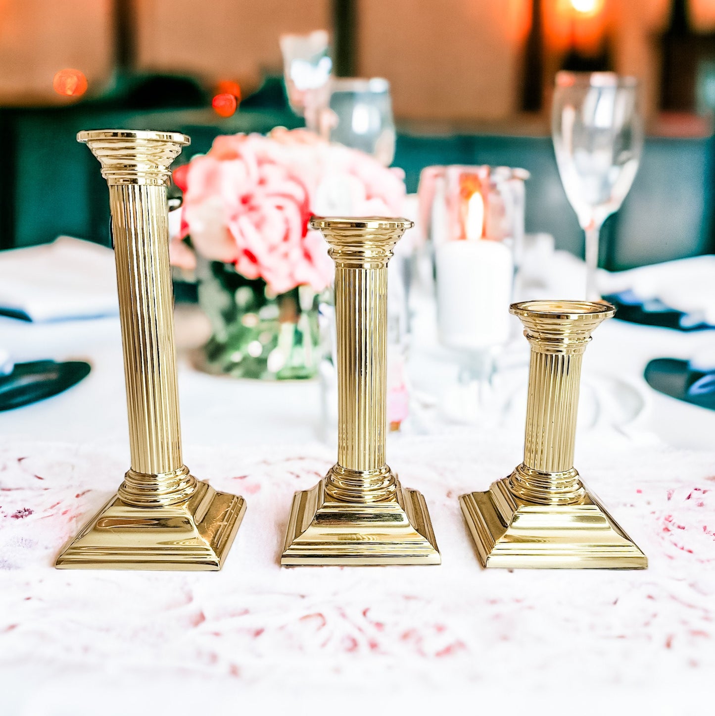 Vintage Brass Candle Holders (Set of 3), Holiday Mantel Decor