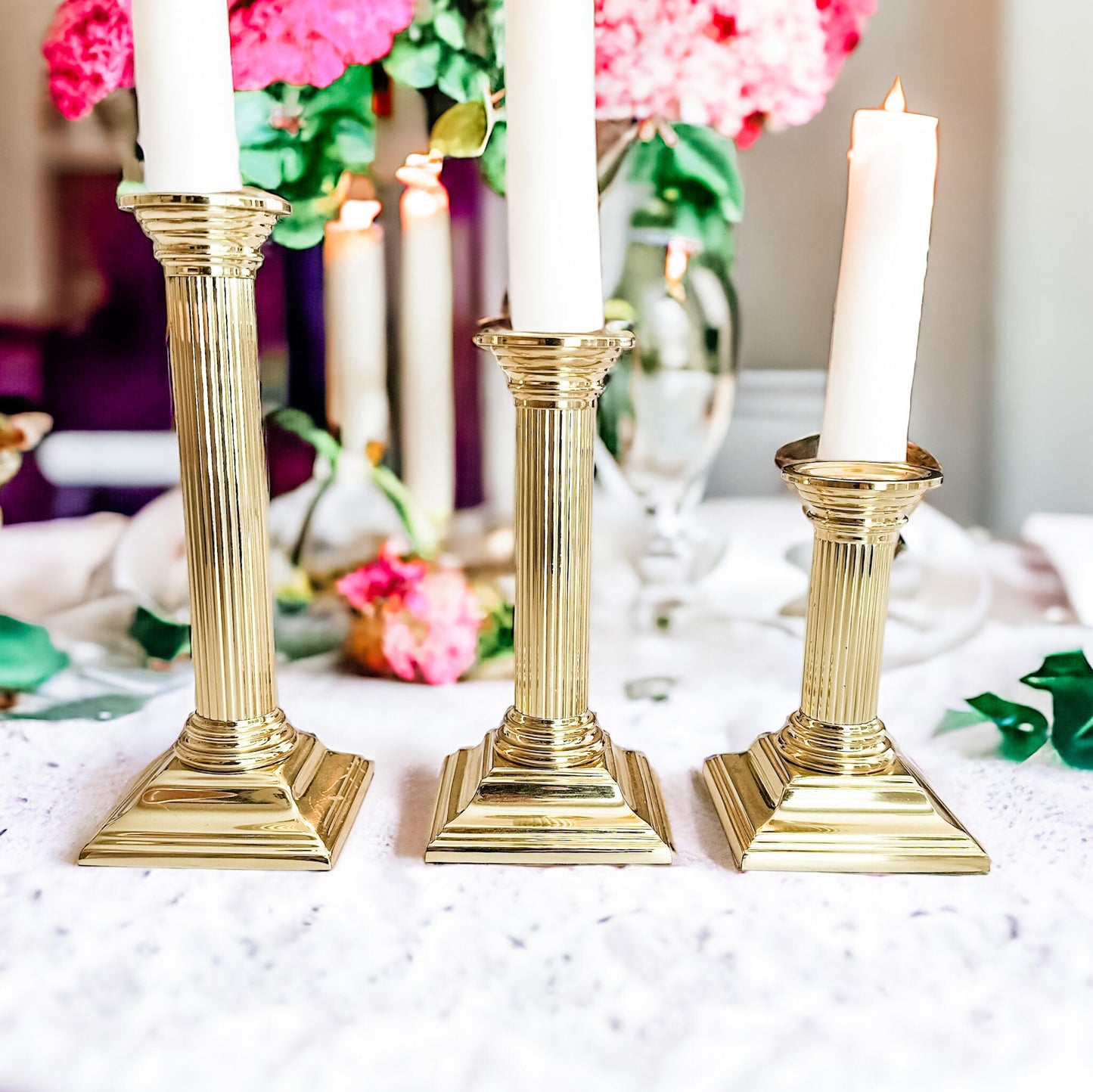 Vintage Brass Candle Holders (Set of 3), Holiday Mantel Decor