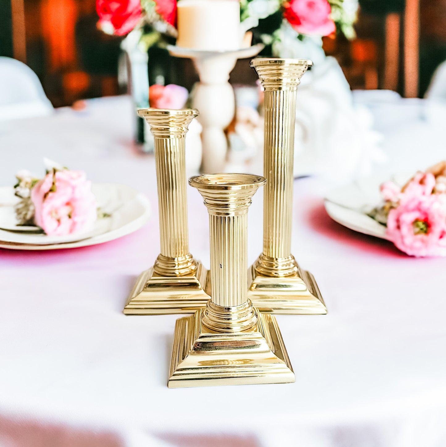 Vintage Brass Candle Holders (Set of 3), Holiday Mantel Decor