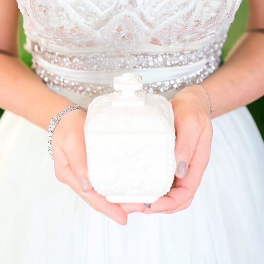 Lavender Vanilla Soy Candle in Vintage Milk Glass - Elegant Wedding Gift