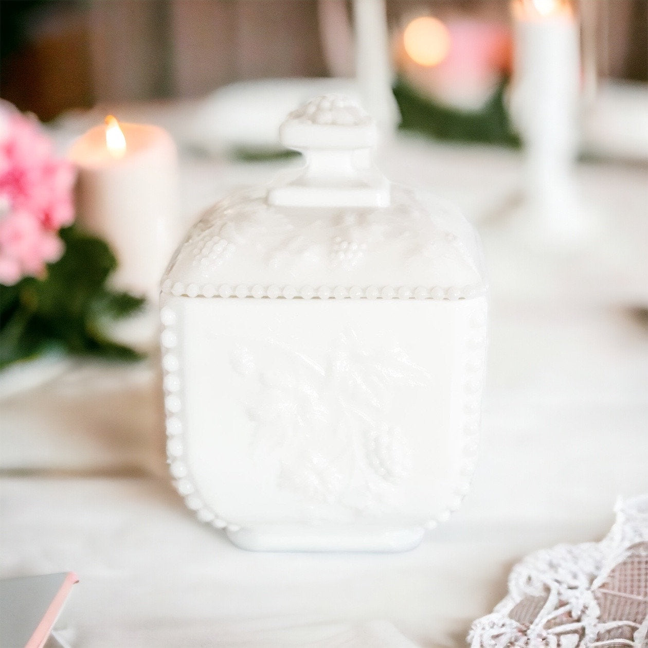 Vintage Buttercream Scented Candle | Milk Glass Puff Box