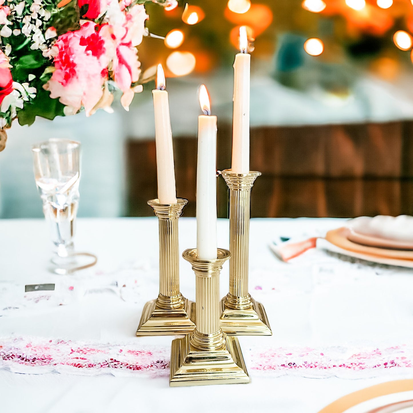 Vintage Brass Candle Holders (Set of 3), Holiday Mantel Decor