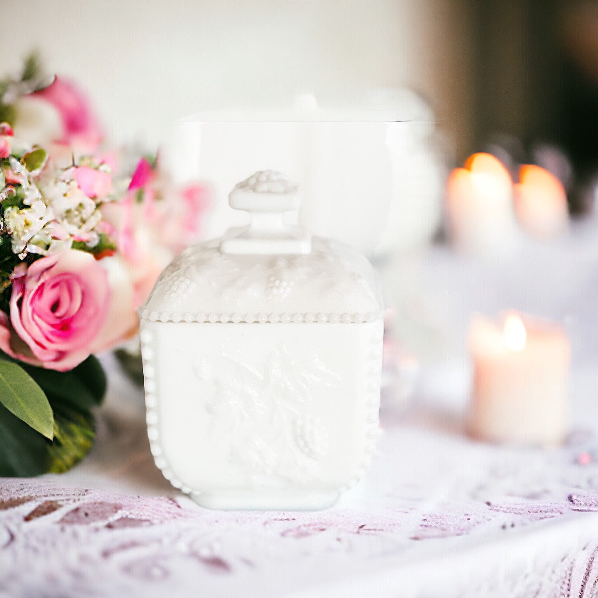 Vintage Buttercream Scented Candle | Milk Glass Puff Box