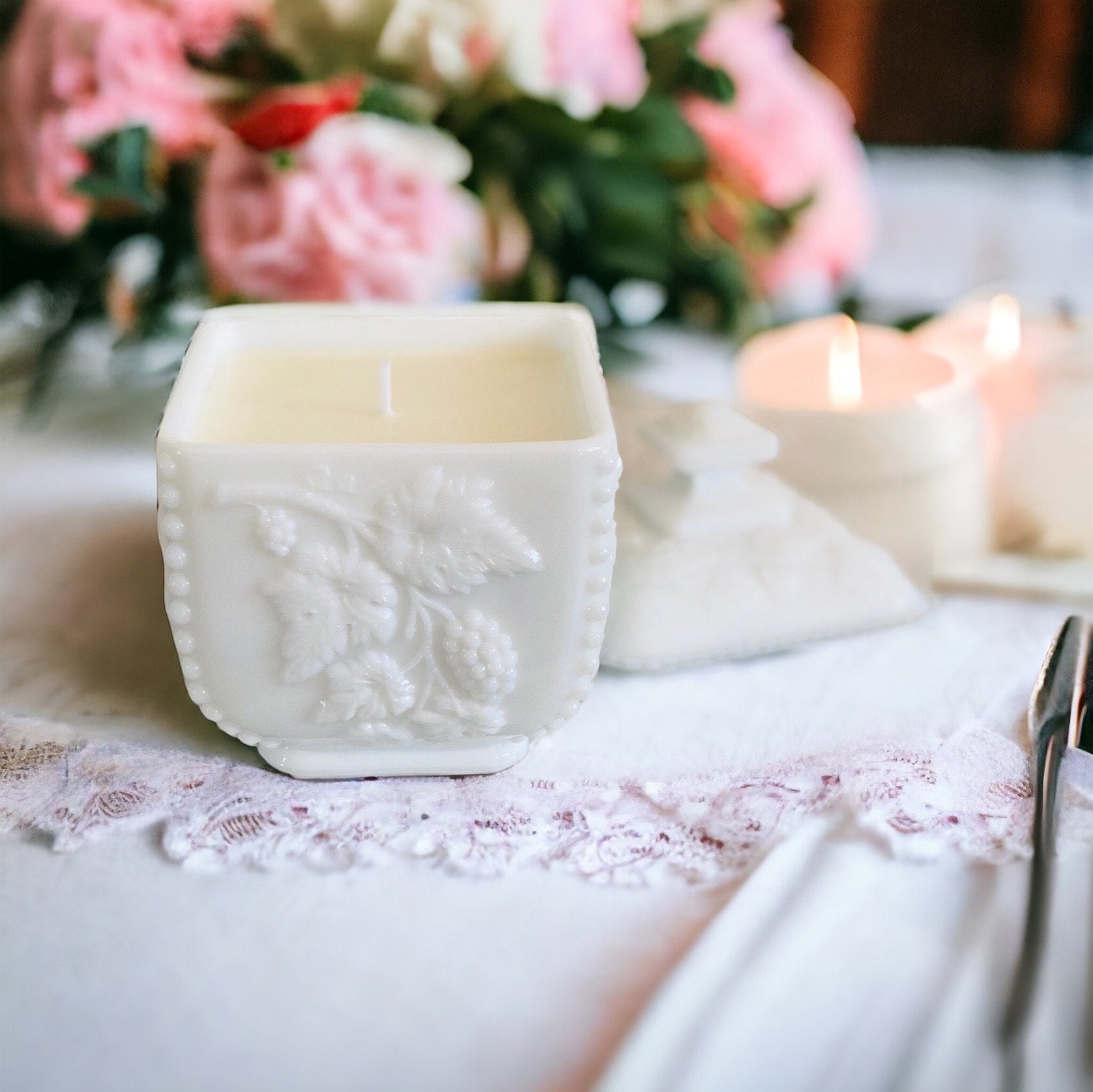 Vintage Buttercream Scented Candle | Milk Glass Puff Box