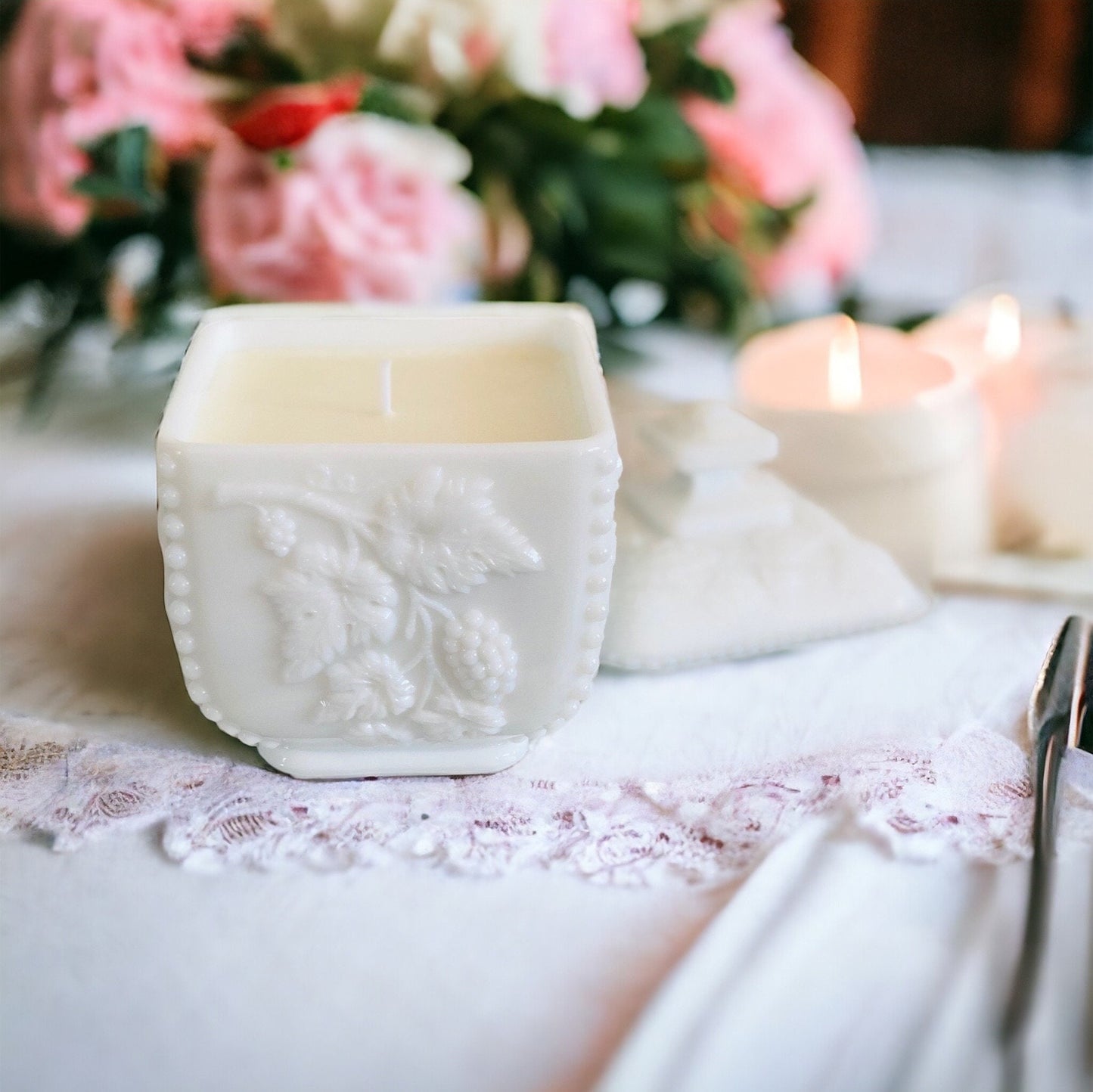 Lavender Vanilla Soy Candle in Vintage Milk Glass - Elegant Wedding Gift