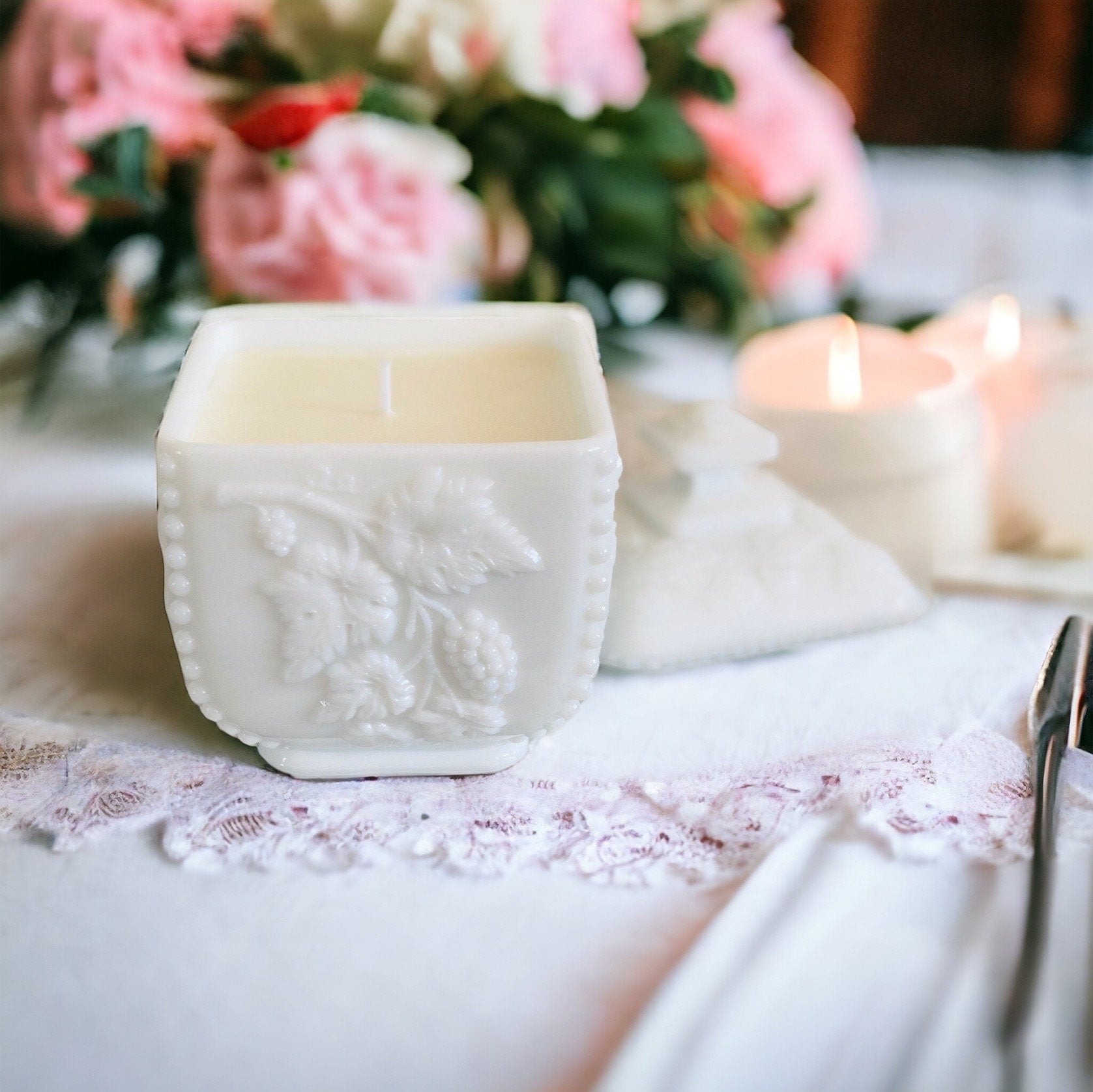 Lavender Vanilla Soy Candle in Vintage Milk Glass - Elegant Wedding Gift