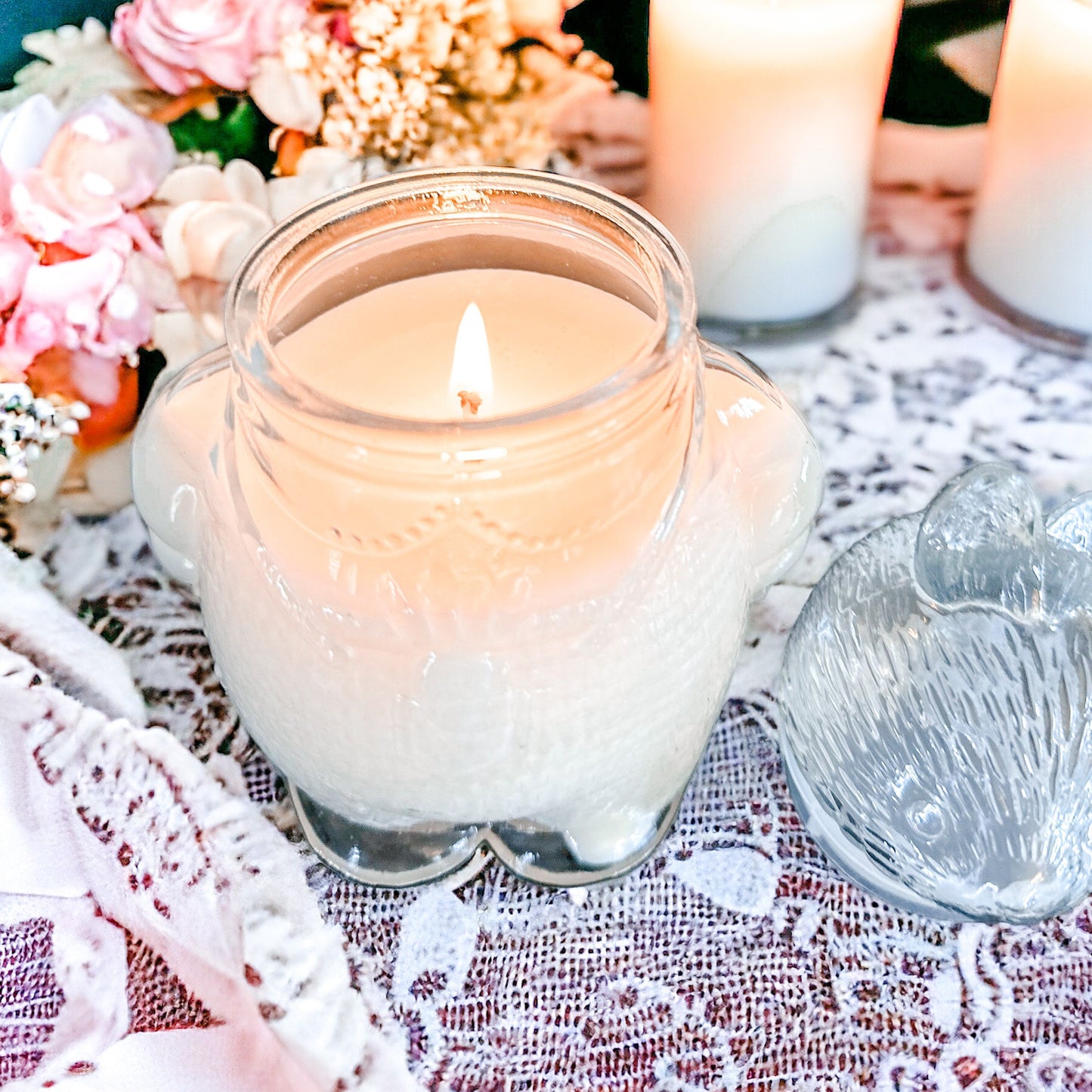 Vintage Bunny Glass Dish Candle | Honeysuckle Jasmine Easter Gift