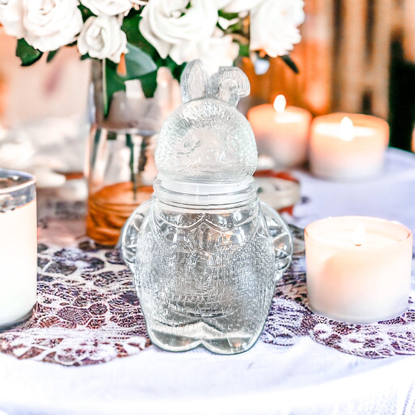 Vintage Bunny Glass Dish Candle | Honeysuckle Jasmine Easter Gift