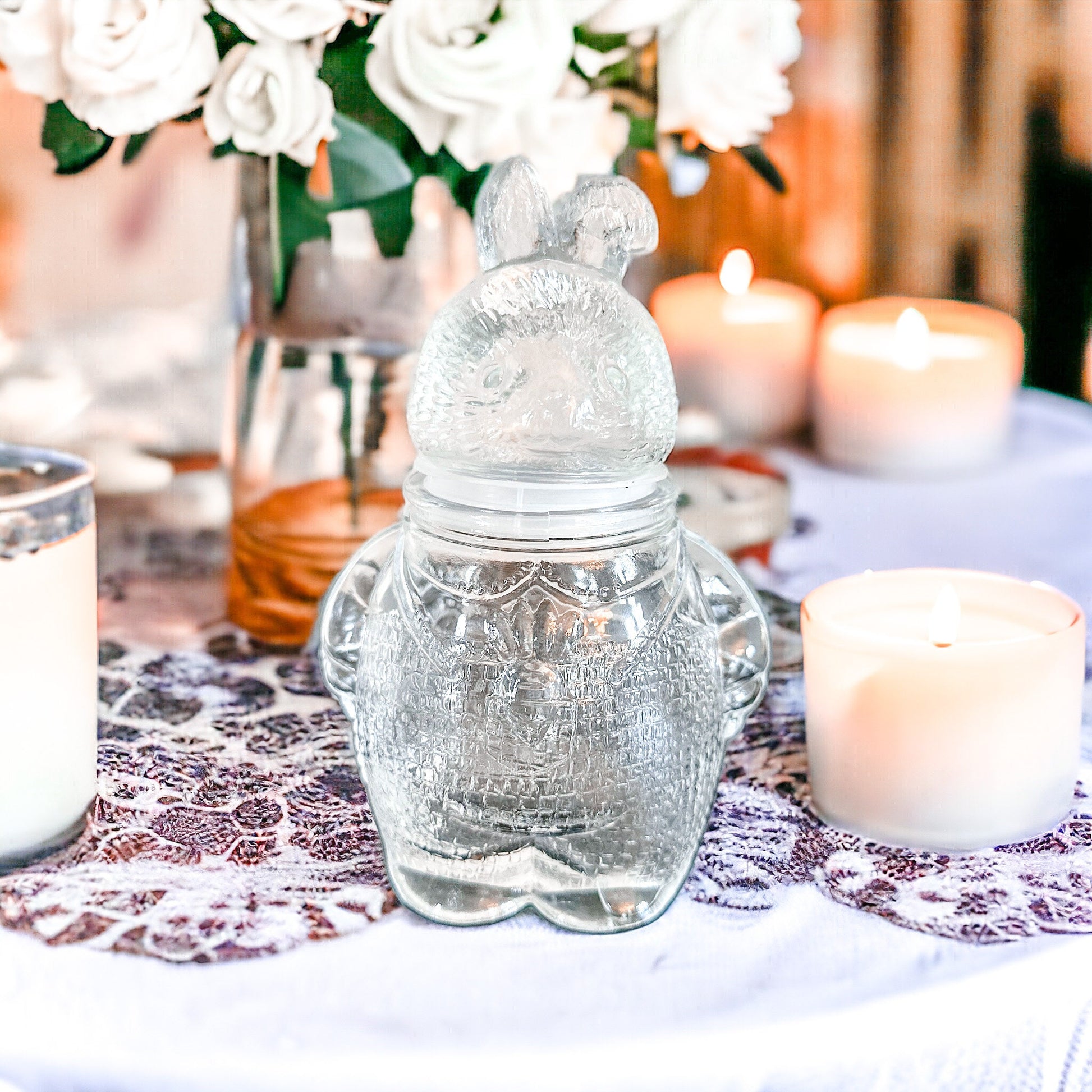 Vintage Bunny Glass Dish Candle | Honeysuckle Jasmine Easter Gift