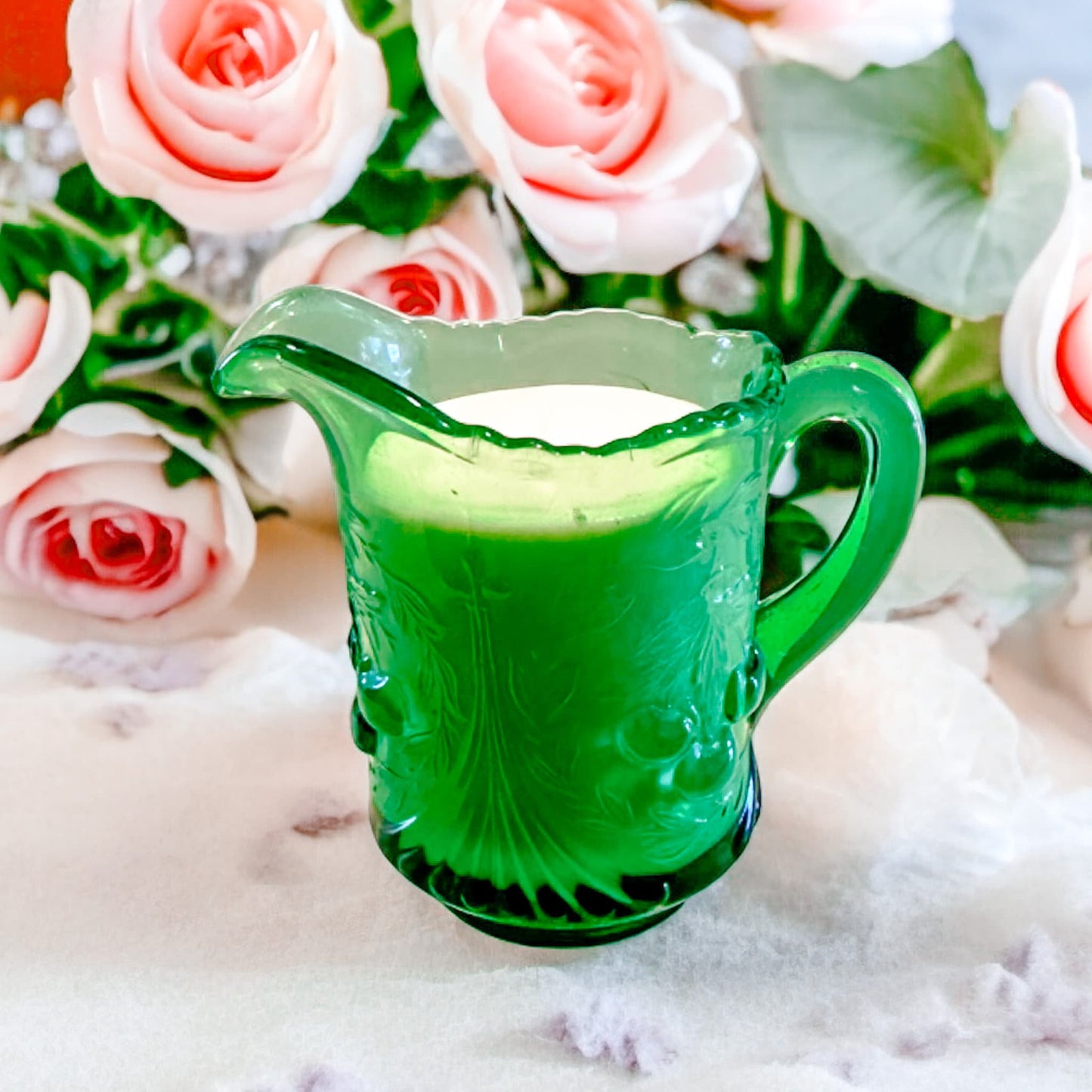 Vintage Gardenia Tuberose Candle | Green Glass "Cherry" Creamer