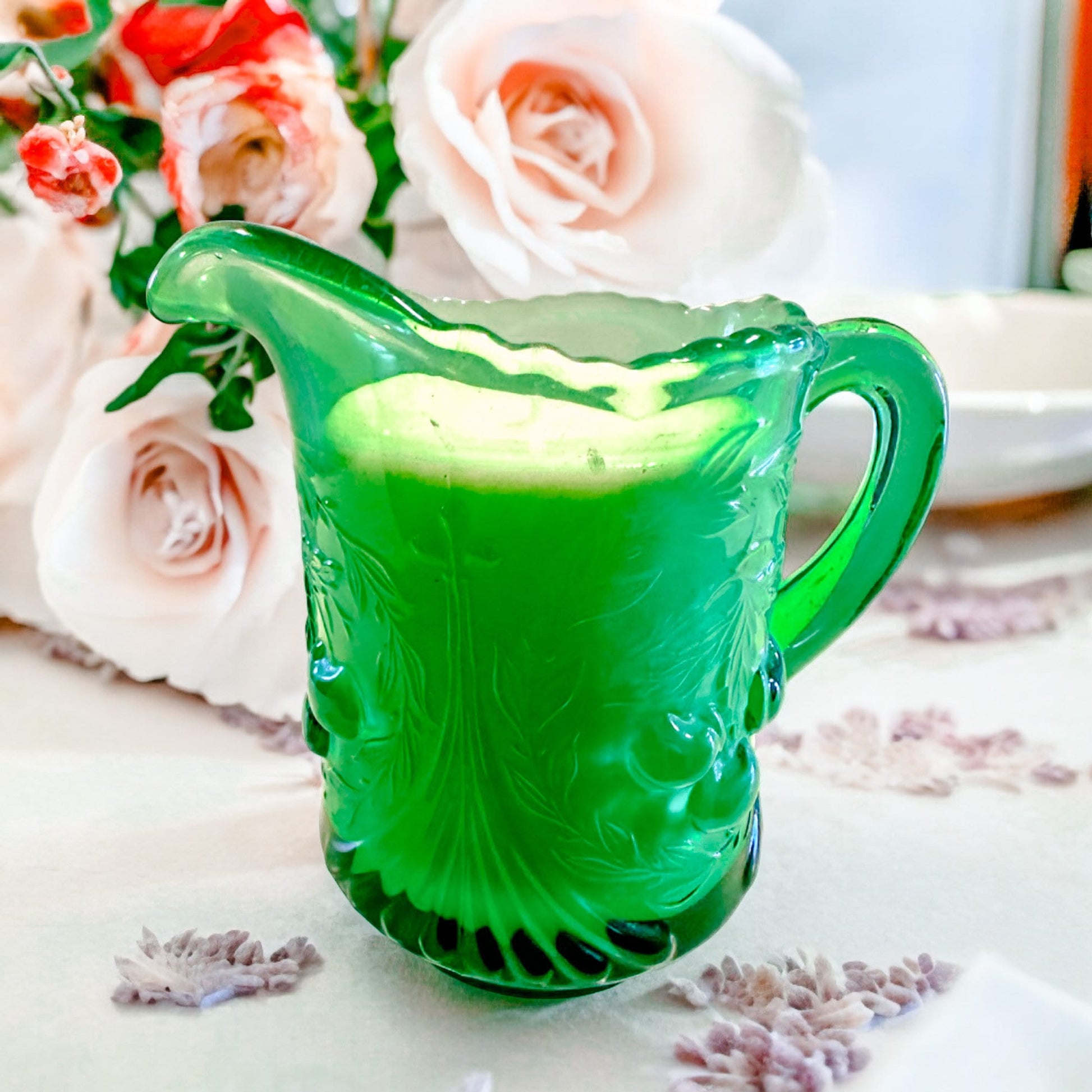Vintage Gardenia Tuberose Candle | Green Glass "Cherry" Creamer