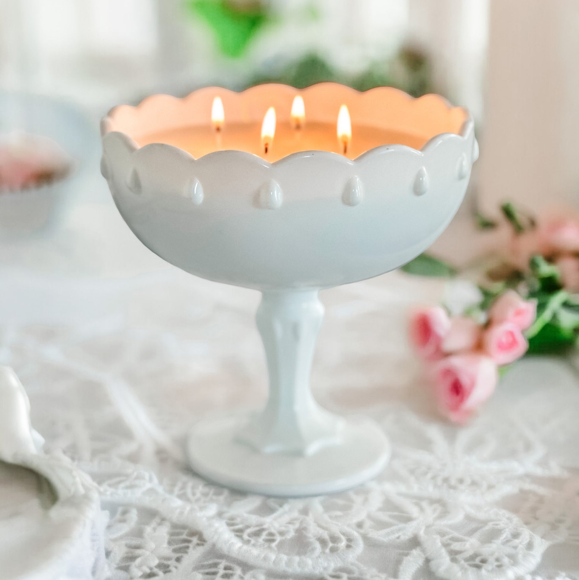 Vintage Sea Salt and Orchid Candle | Milk Glass Teardrop Compote