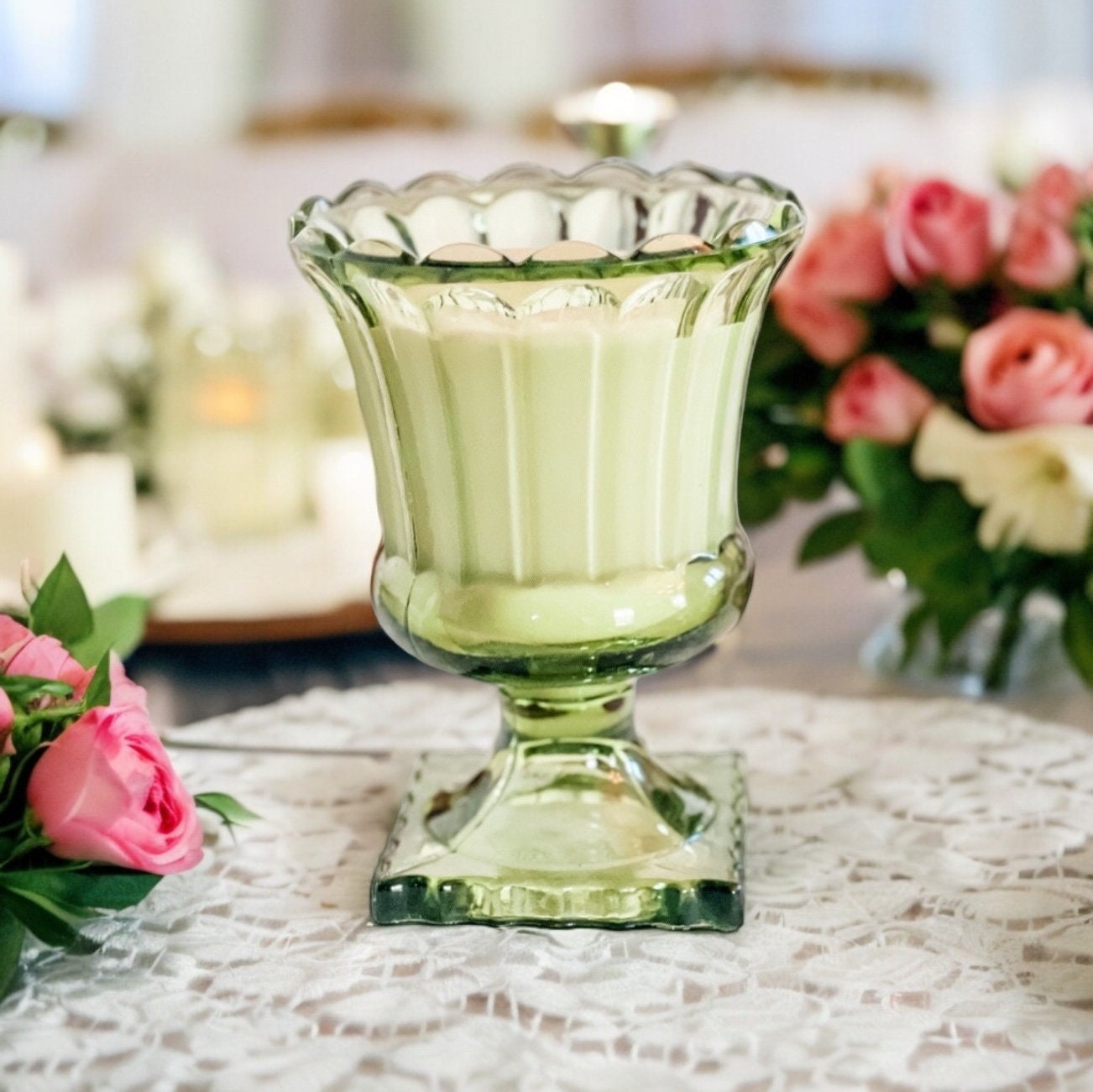 Vintage Olive Green Glass Candle - Cypress and Bayberry Scented Soy Candle